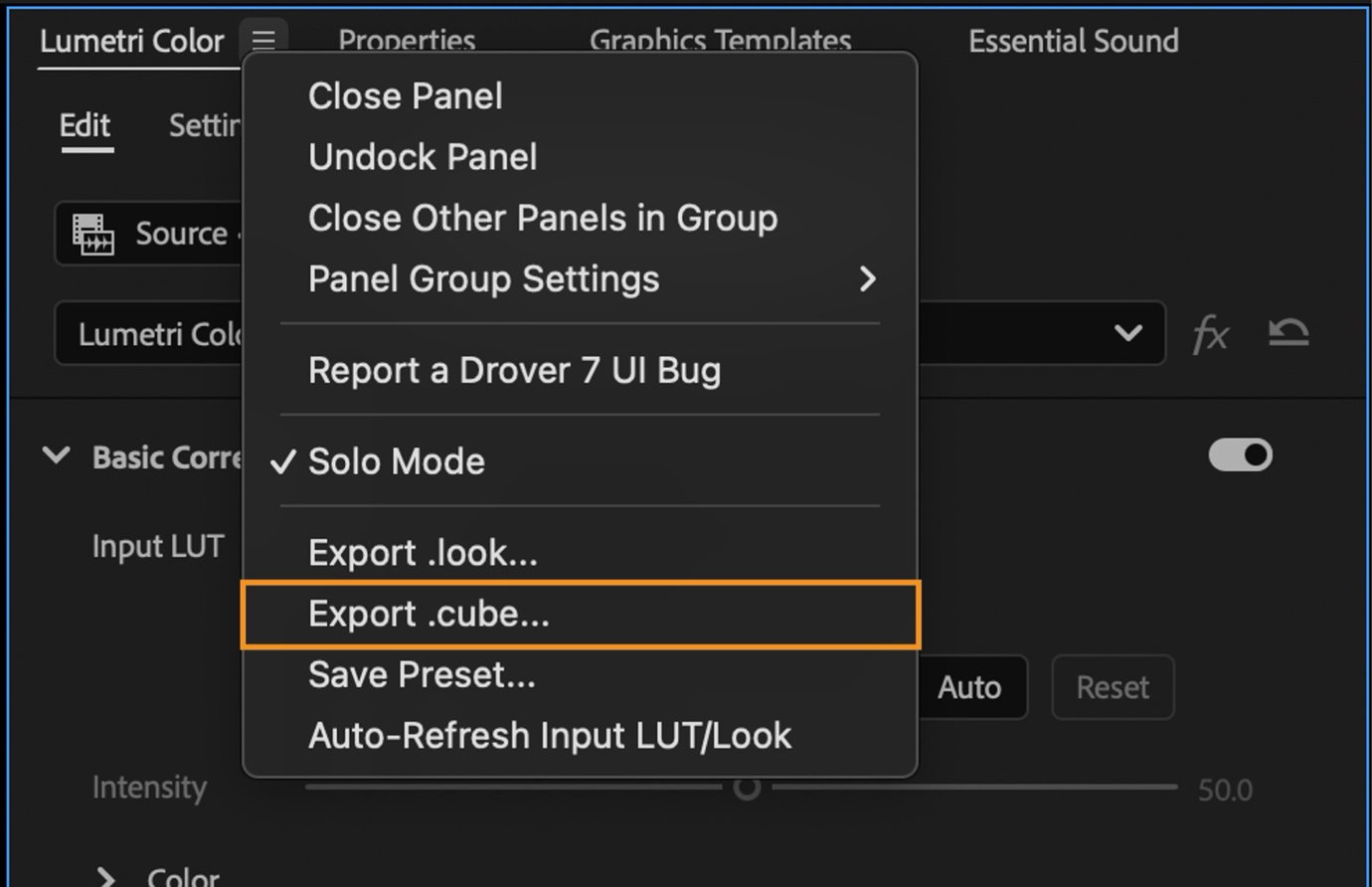 Premiere Pro Lumetri Color panel menu with Export .cube highlighted