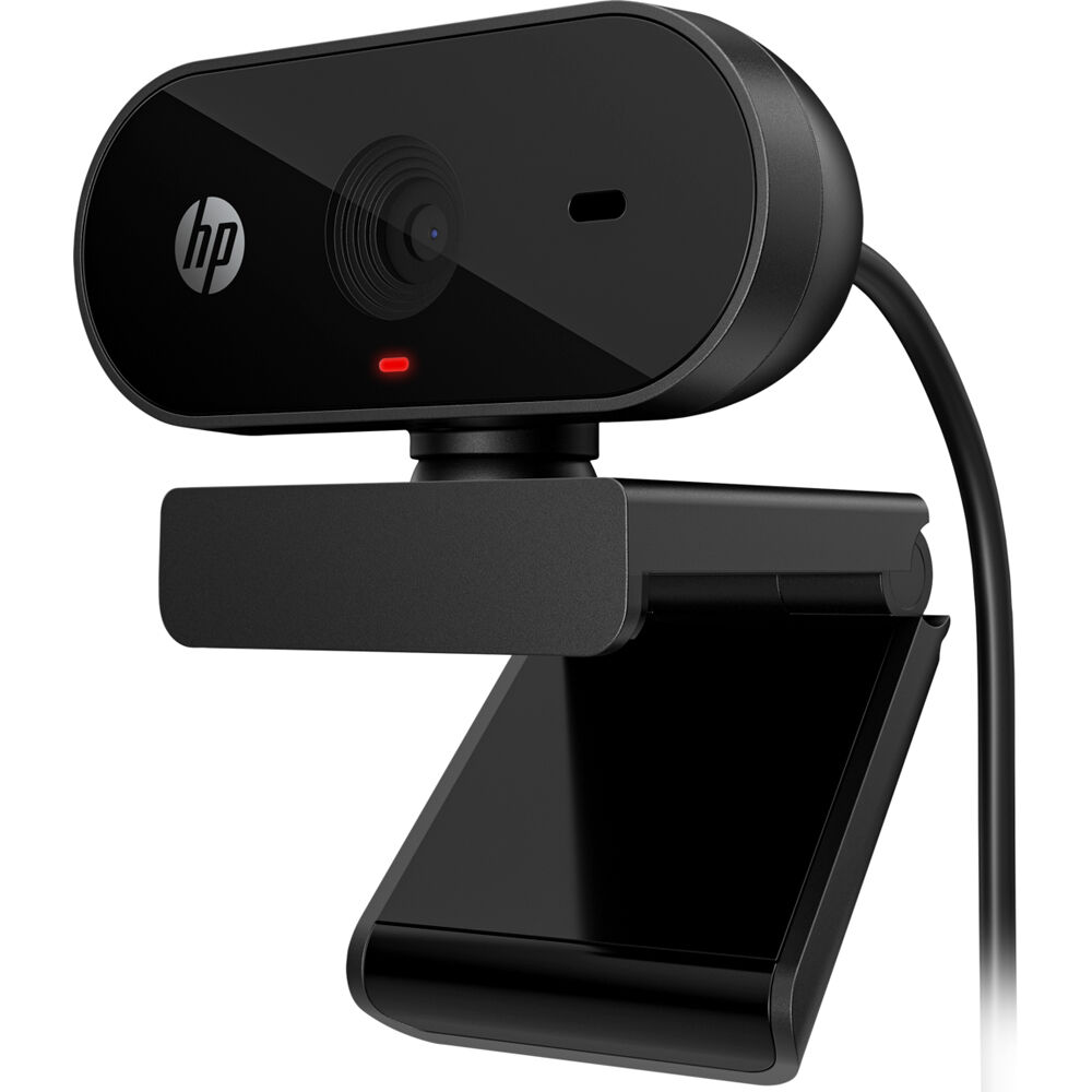 HP 320 Full HD webcam front view showing HP logo and privacy cover slot