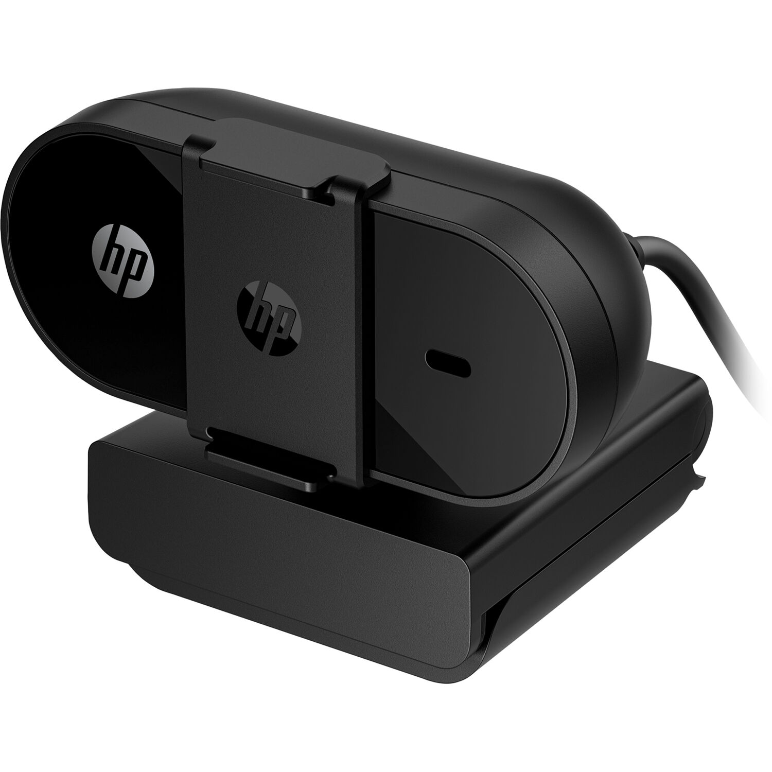HP 320 Full HD webcam showing privacy cover closed with HP logo visible on rear