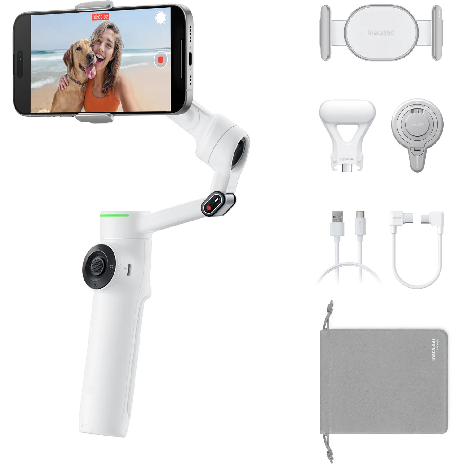 Insta360 Flow 2 Pro Creator Kit with magnetic clamp, spotlight, cables, and carry bag