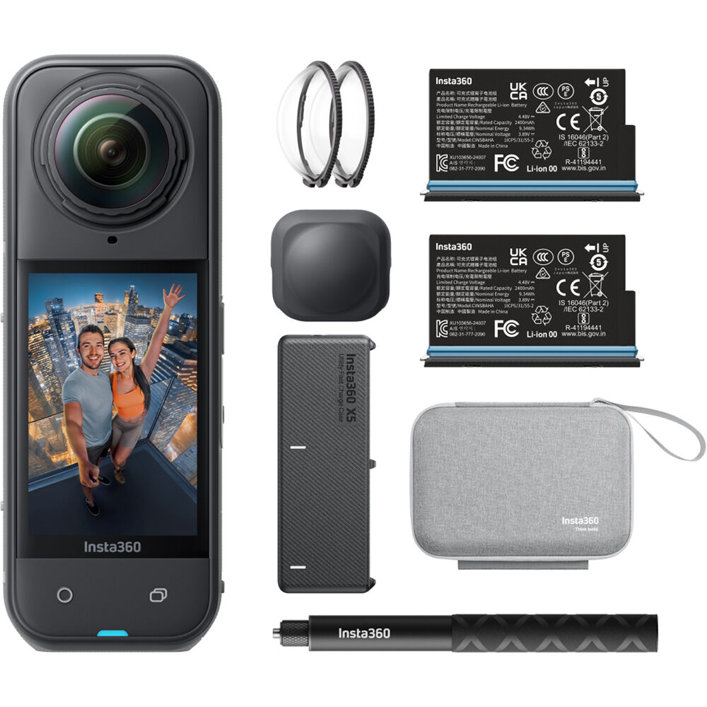 Insta360 X5 360 action camera bundle with selfie stick, batteries, and case