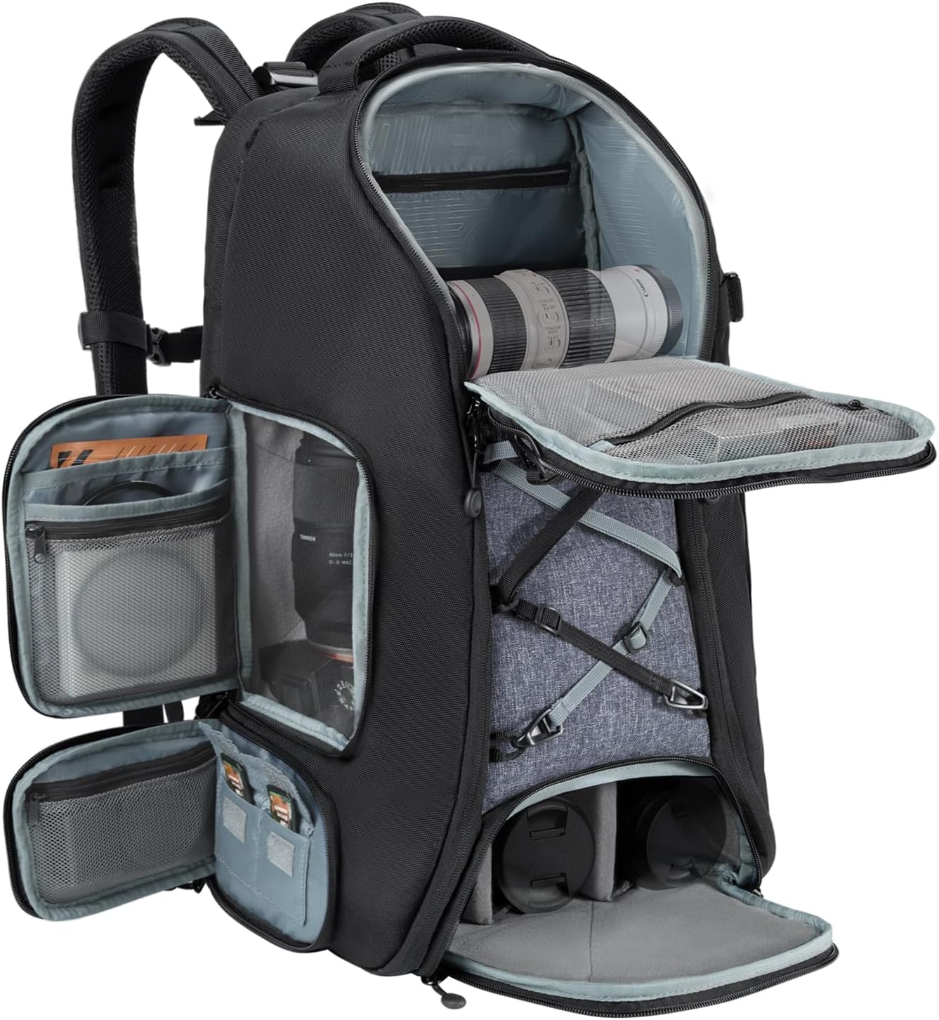 K&F Concept 30L camera backpack open showing three-tier interior with camera and lenses