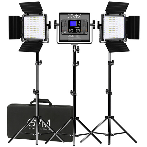 GVM 800D-RGB LED light panel kit with three panels barndoors and light stands