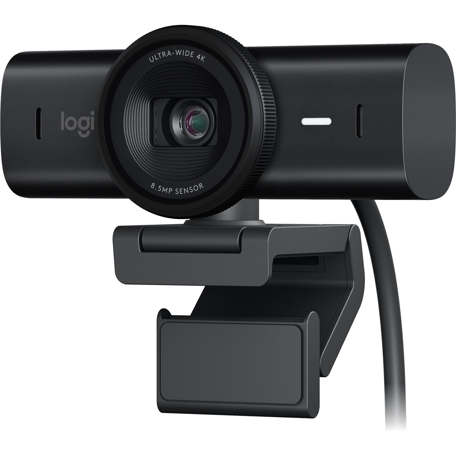 Logitech MX Brio Ultra HD 4K webcam with 8.5MP sensor and ultra-wide lens mounted on monitor clip