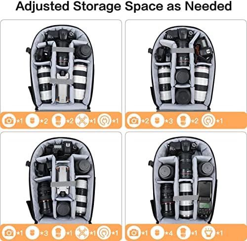MOSISO camera backpack interior showing adjustable padded dividers and gear layout