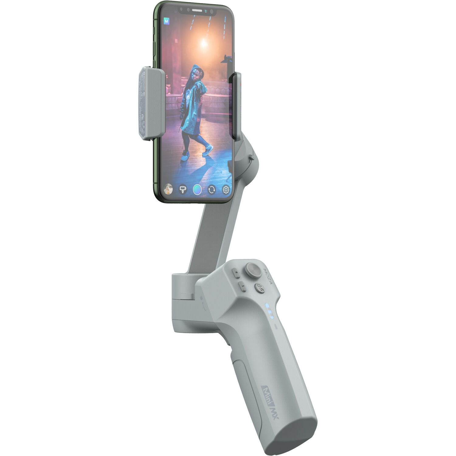 Moza Mini MX 3-axis smartphone gimbal holding a phone in landscape mode