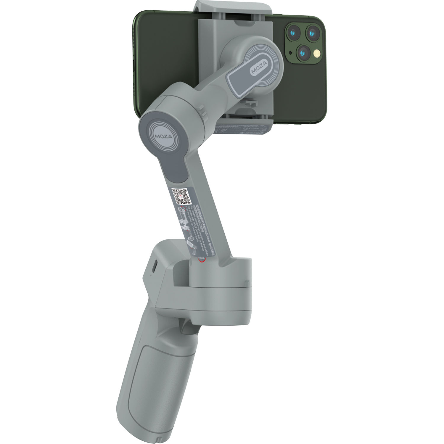Moza Mini MX smartphone gimbal shown folded with a mounted phone