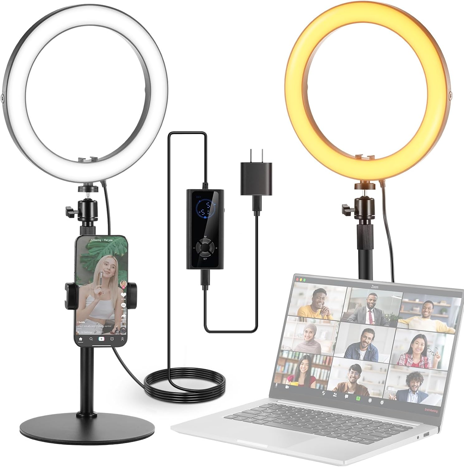 NEEWER 10-inch bi-color ring light on a desk stand