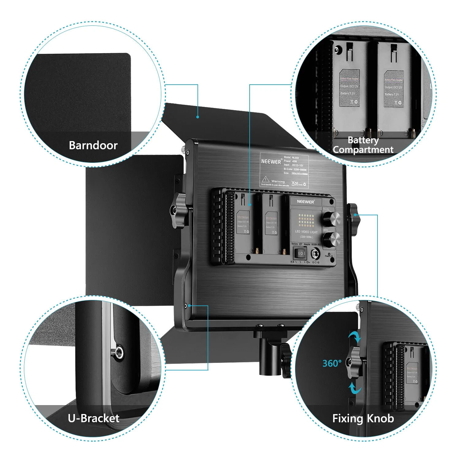 Neewer 660 rear panel showing dual NP-F battery plates, control knobs, and U-bracket