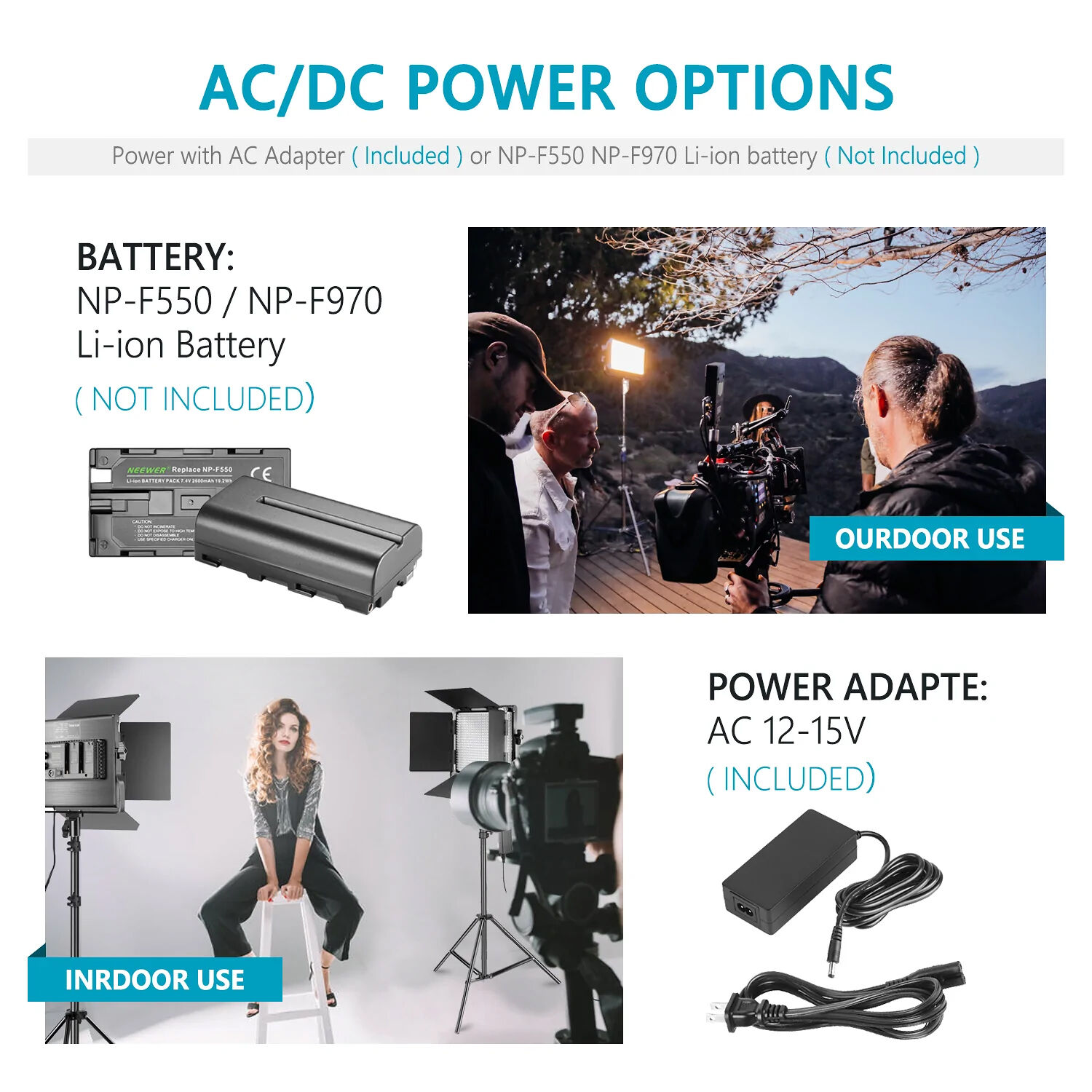 Neewer 660 AC and DC power options with NP-F battery and wall adapter