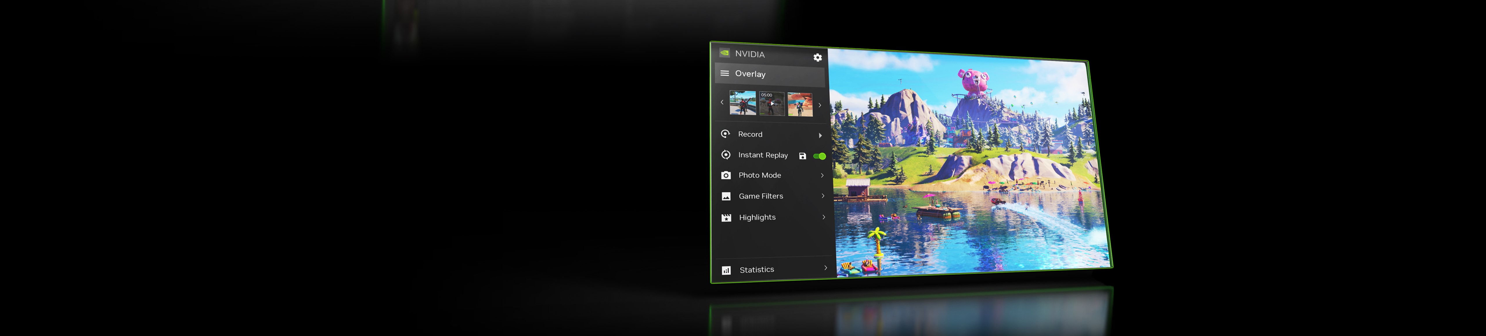 NVIDIA App overlay with Record and Instant Replay options shown over Fortnite gameplay