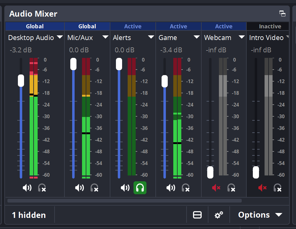 OBS Studio audio mixer panel