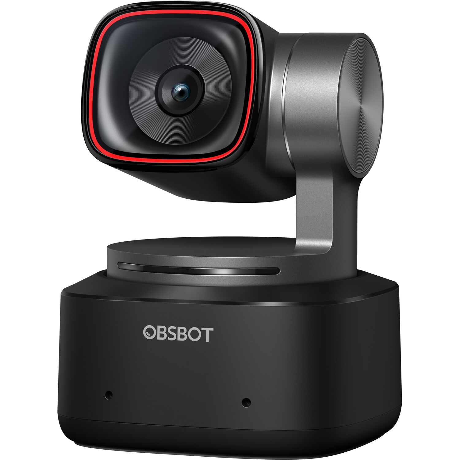 OBSBOT Tiny 2 AI-powered PTZ 4K webcam, front view with red accent ring