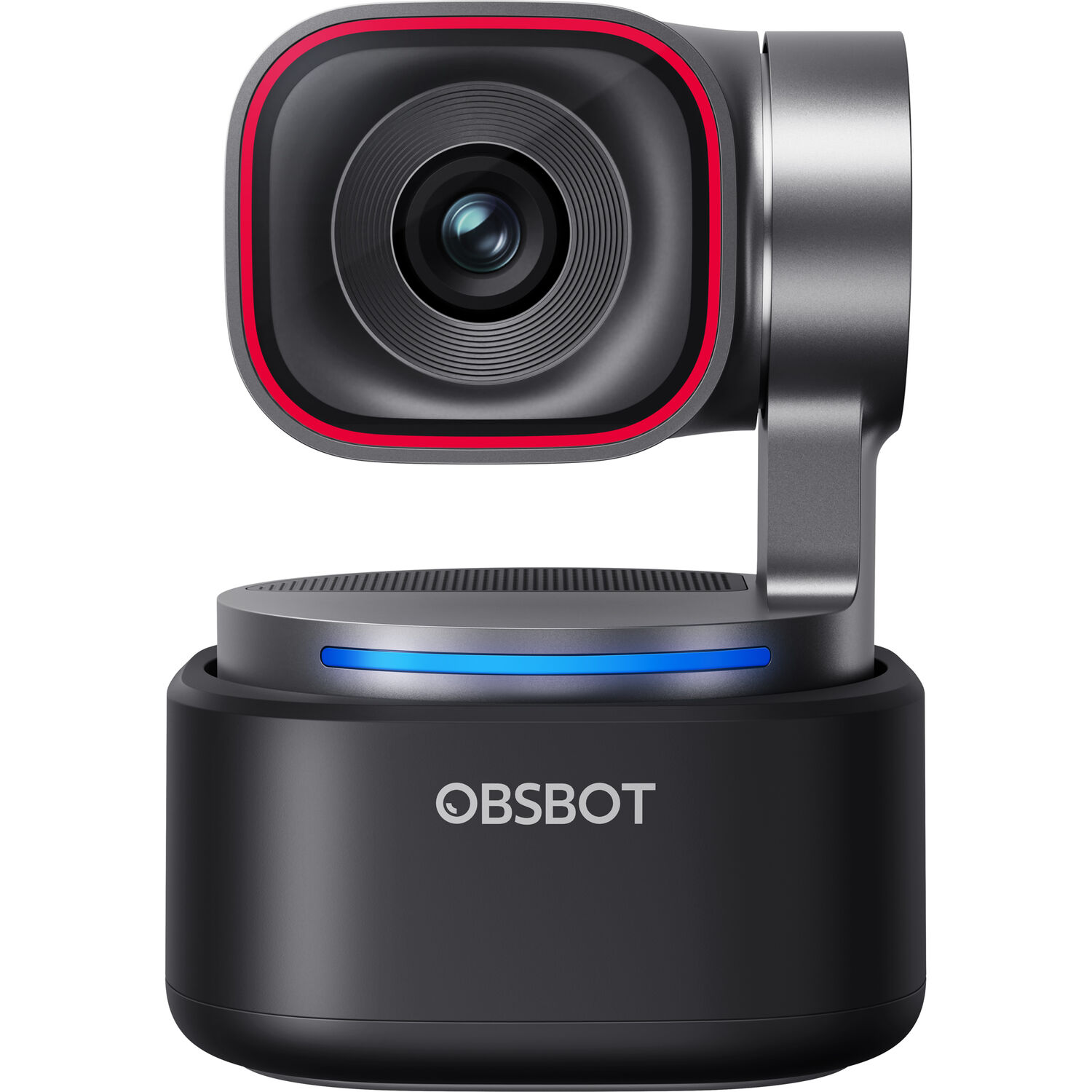 Obsbot Tiny 3 AI PTZ 4K webcam with motorized gimbal base and red lens accent ring