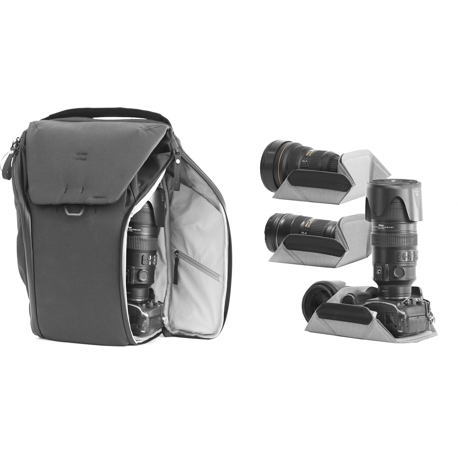 Peak Design Everyday Backpack front opening showing FlexFold dividers and dual side access