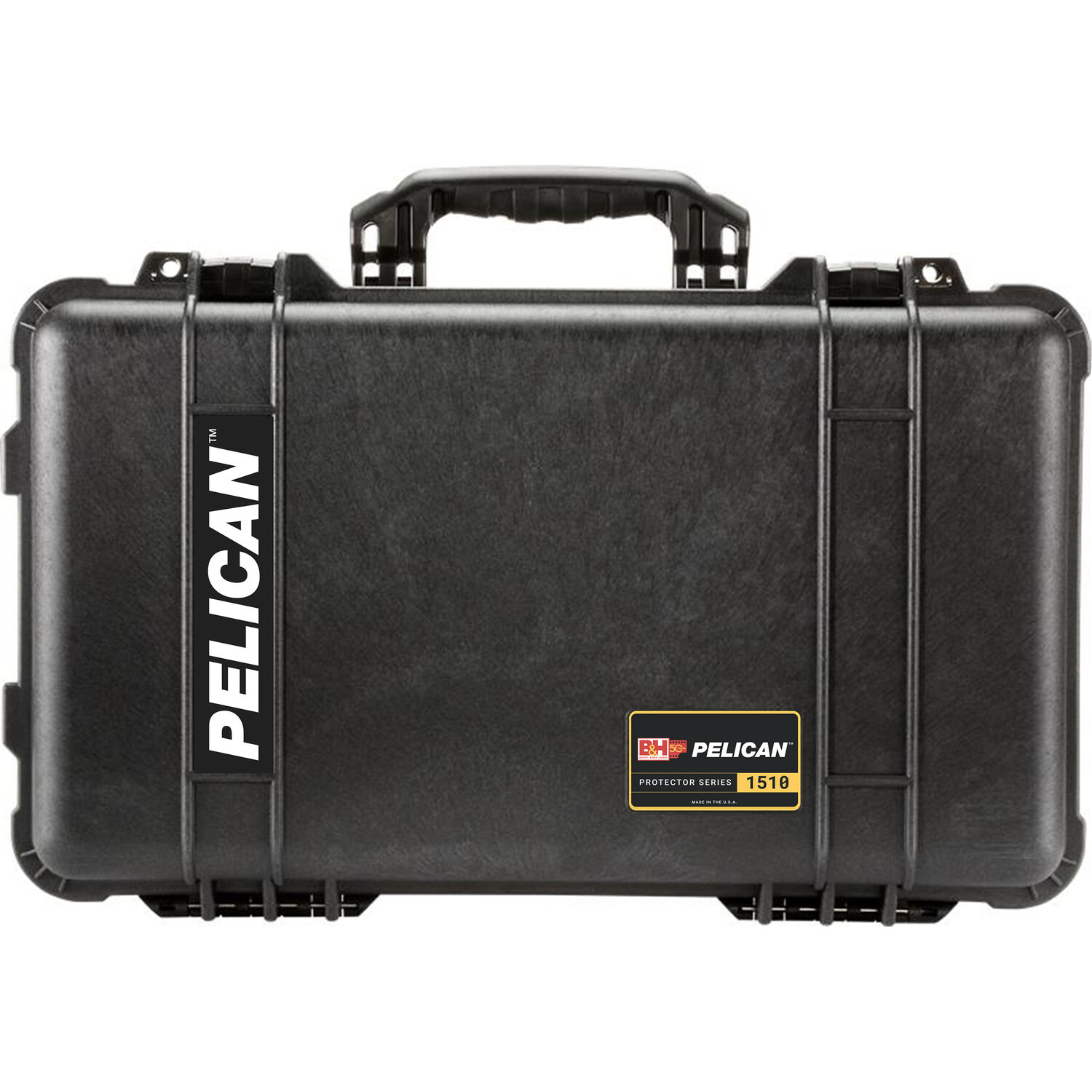 Pelican 1510 case exterior view showing reinforced latches, wheels, and a long handle