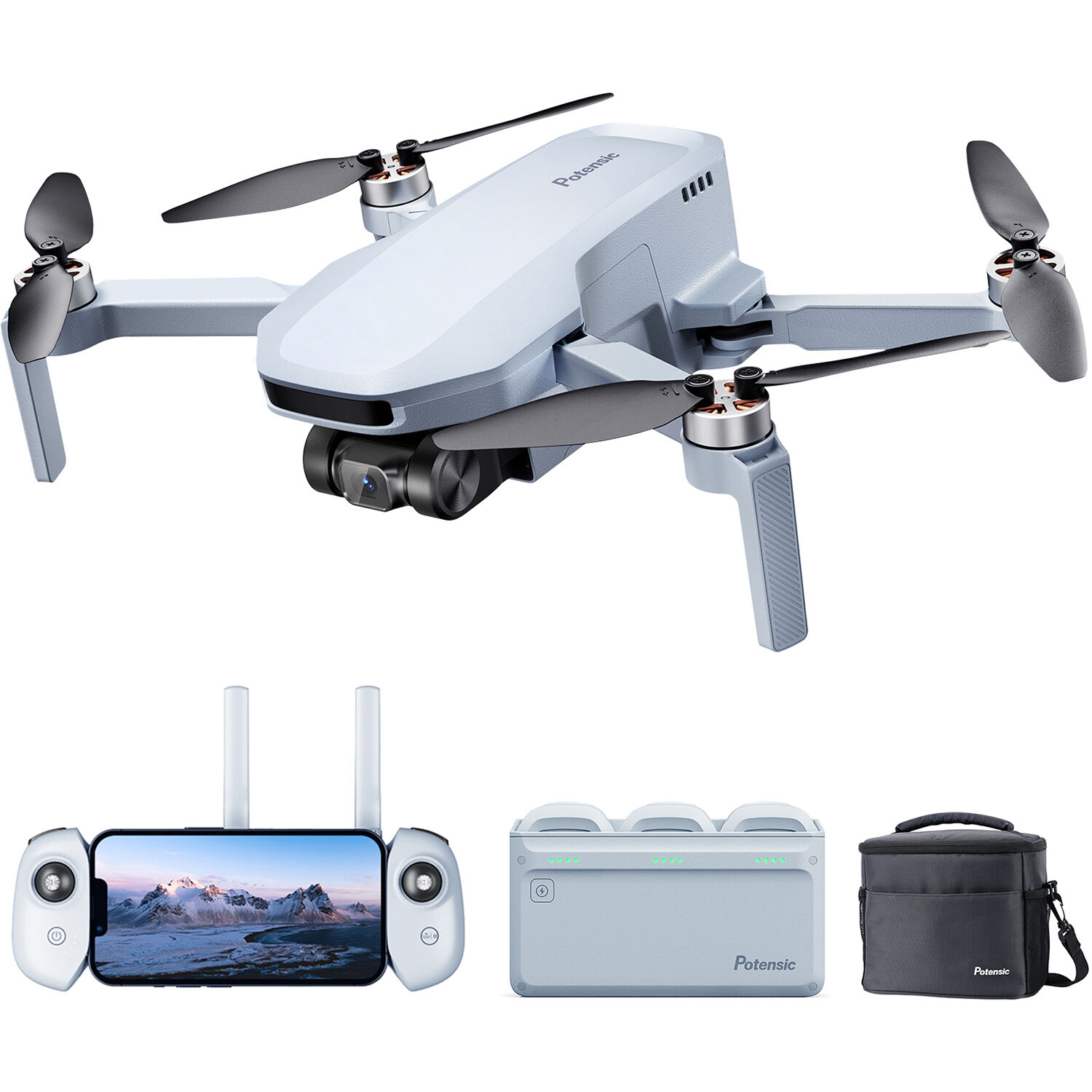 Potensic ATOM SE drone with controller, charging hub, and carrying case