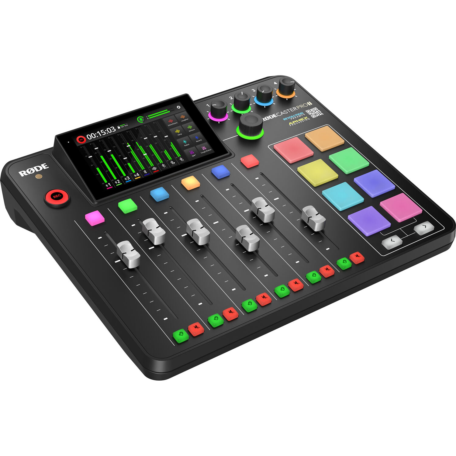 Rode RODECaster Pro II audio production console with touchscreen and colored pads