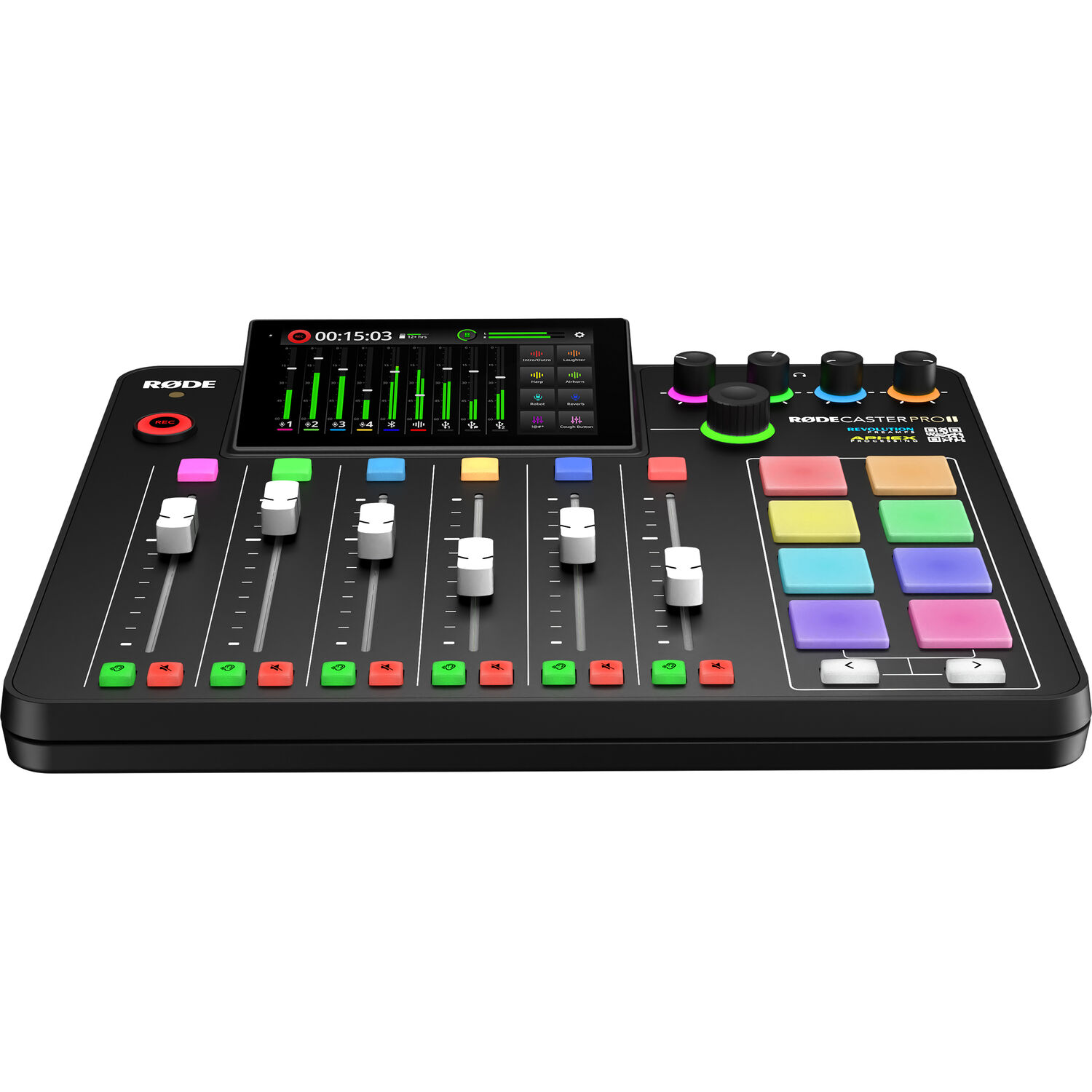 Rode RODECaster Pro II front angle showing six channel faders and touchscreen