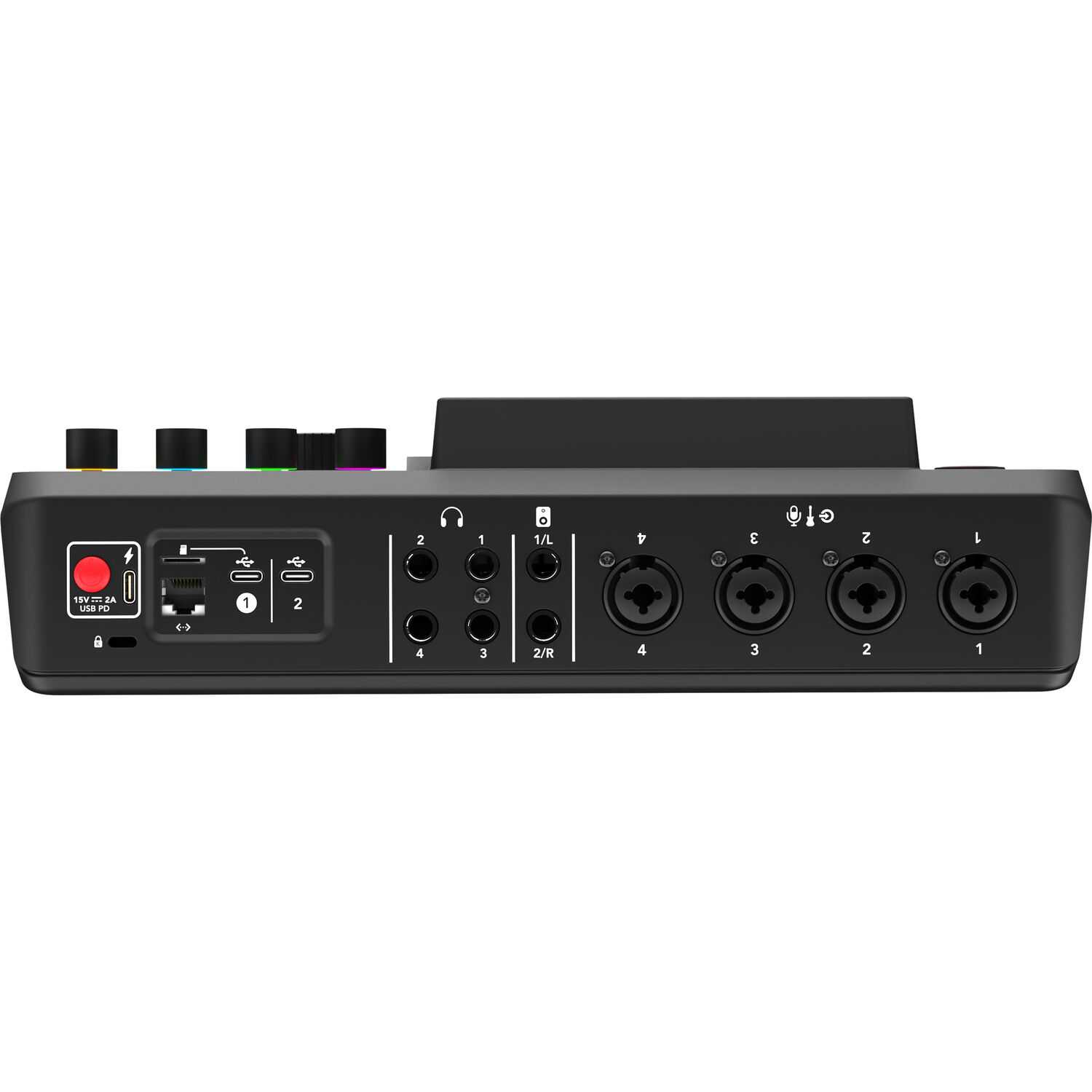 Rode RODECaster Pro II rear panel with four combo XLR inputs, USB-C ports, and headphone outputs