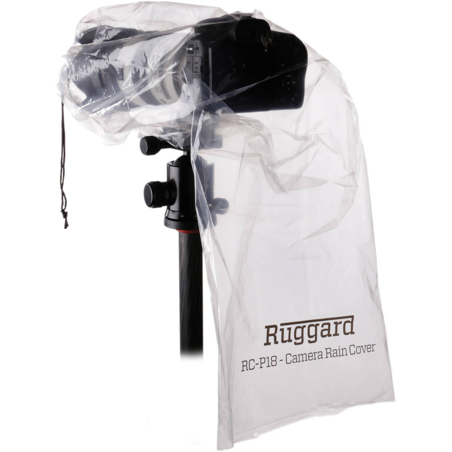Ruggard RC-P18 clear plastic rain cover over a DSLR camera