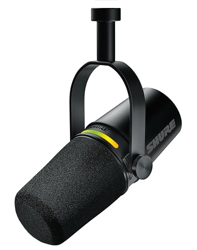 Shure MV7+ dynamic podcast microphone in a black yoke mount