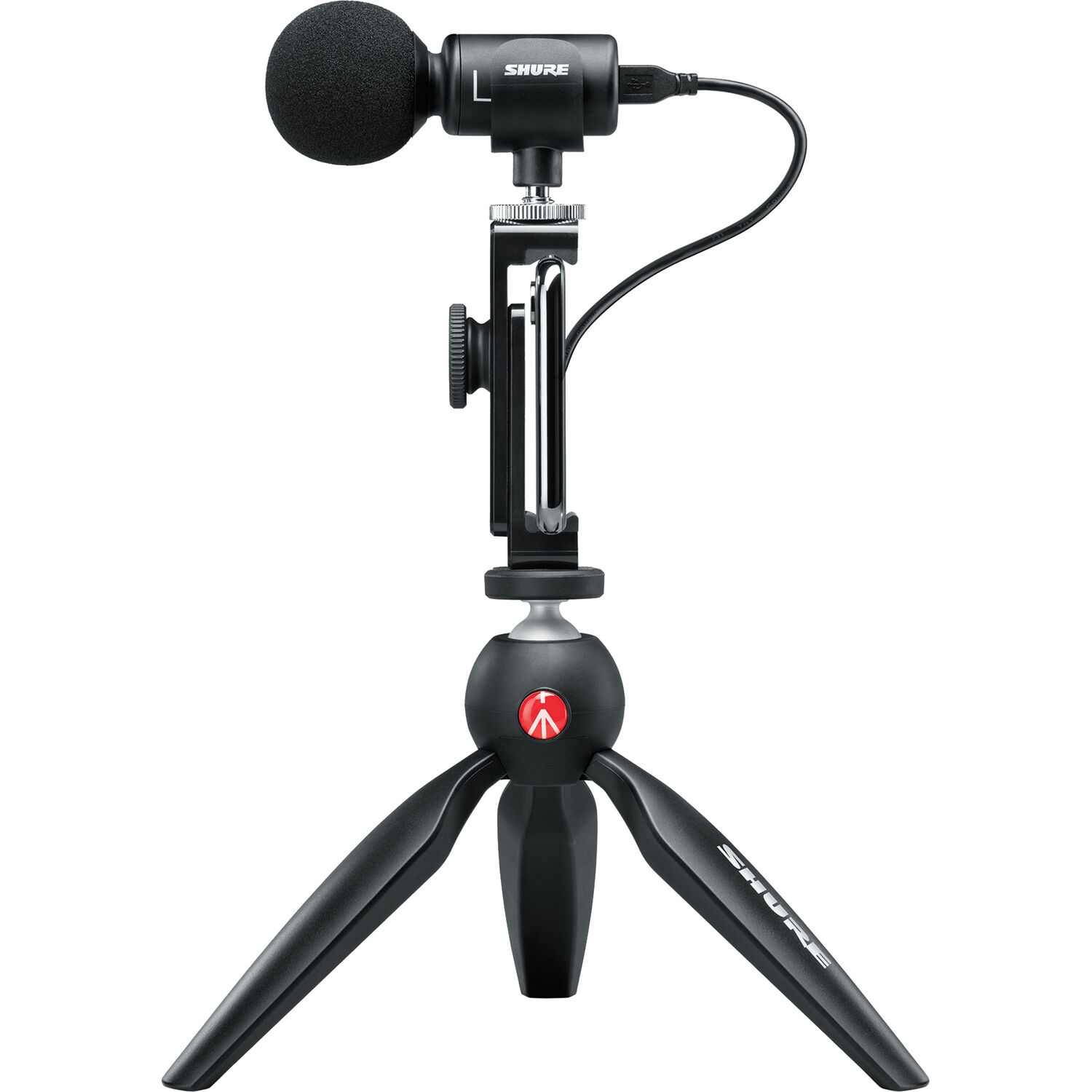 Shure MV88+ Video Kit stereo condenser mic with phone clamp and tripod for iPhone recording