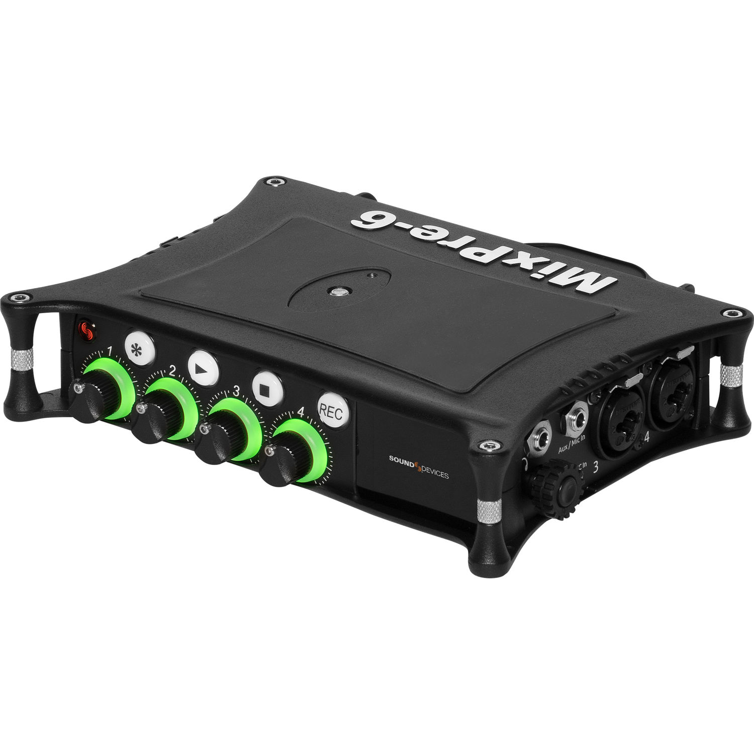 Sound Devices MixPre-6 II field recorder and mixer with green ring knobs