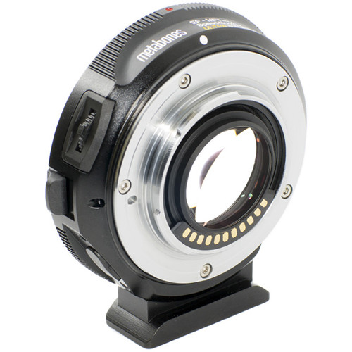 Metabones Speed Booster Ultra camera-side mount showing electronic contacts and firmware port