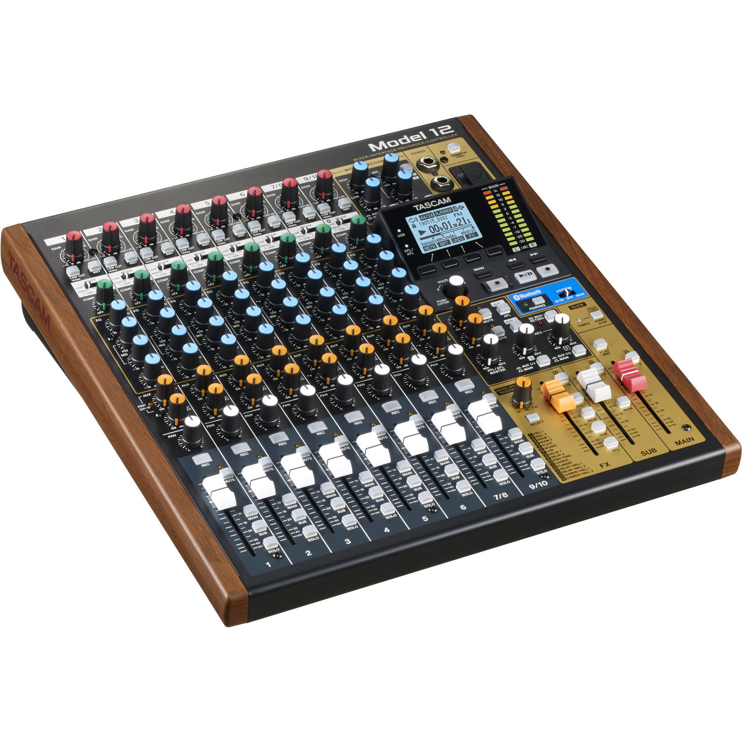 Tascam Model 12 mixer recorder interface with faders and channel knobs
