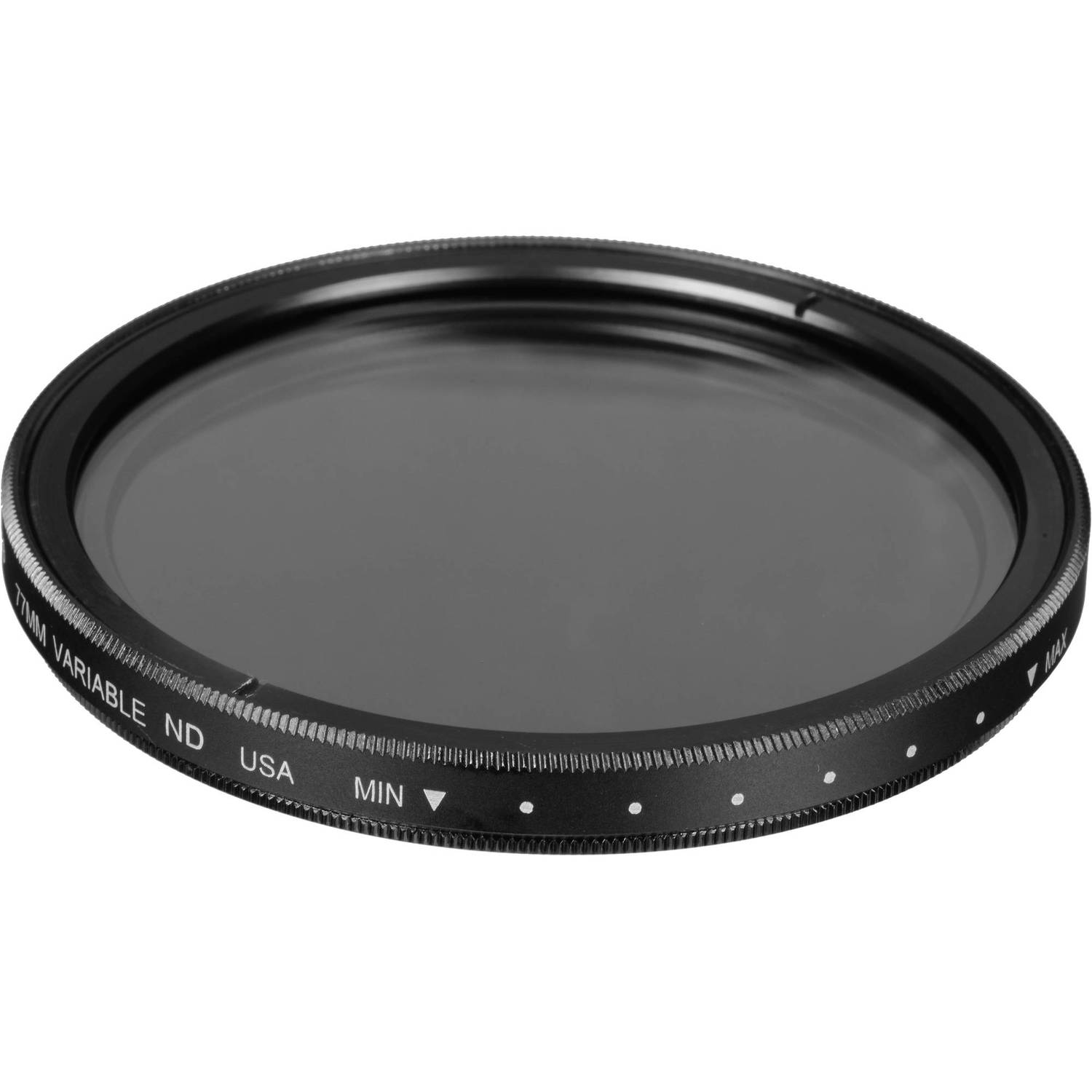 Tiffen 77mm Variable ND filter showing the minimum and maximum density markings