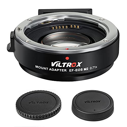 Viltrox EF-EOS M2 speed booster rear view with body and lens caps