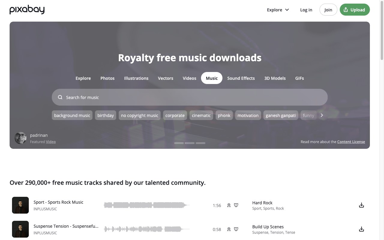 Pixabay Music search page
