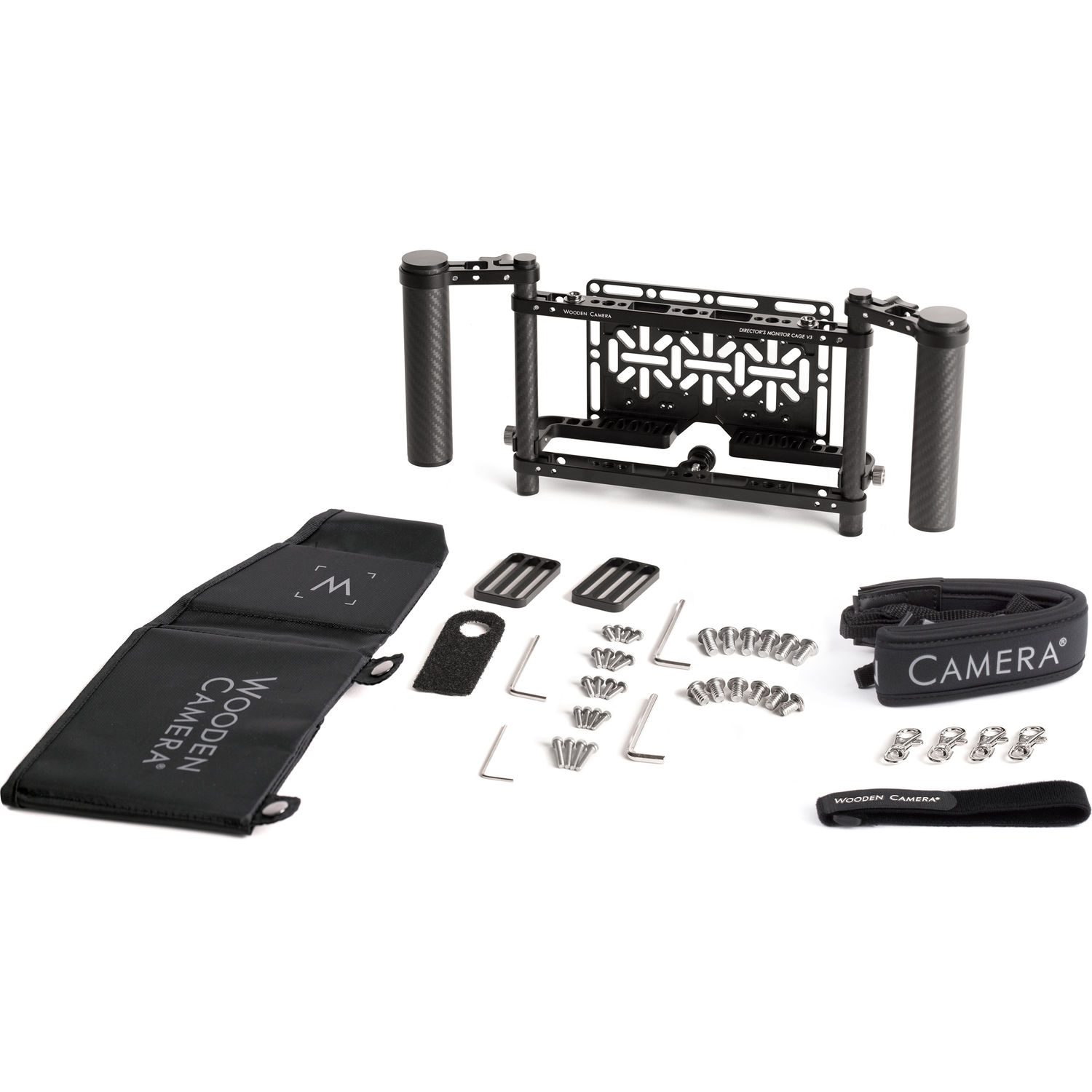 Wooden Camera Director's Monitor Cage V3 shown with sun hood, neck strap, carbon fiber handgrips, allen keys, and mounting screws