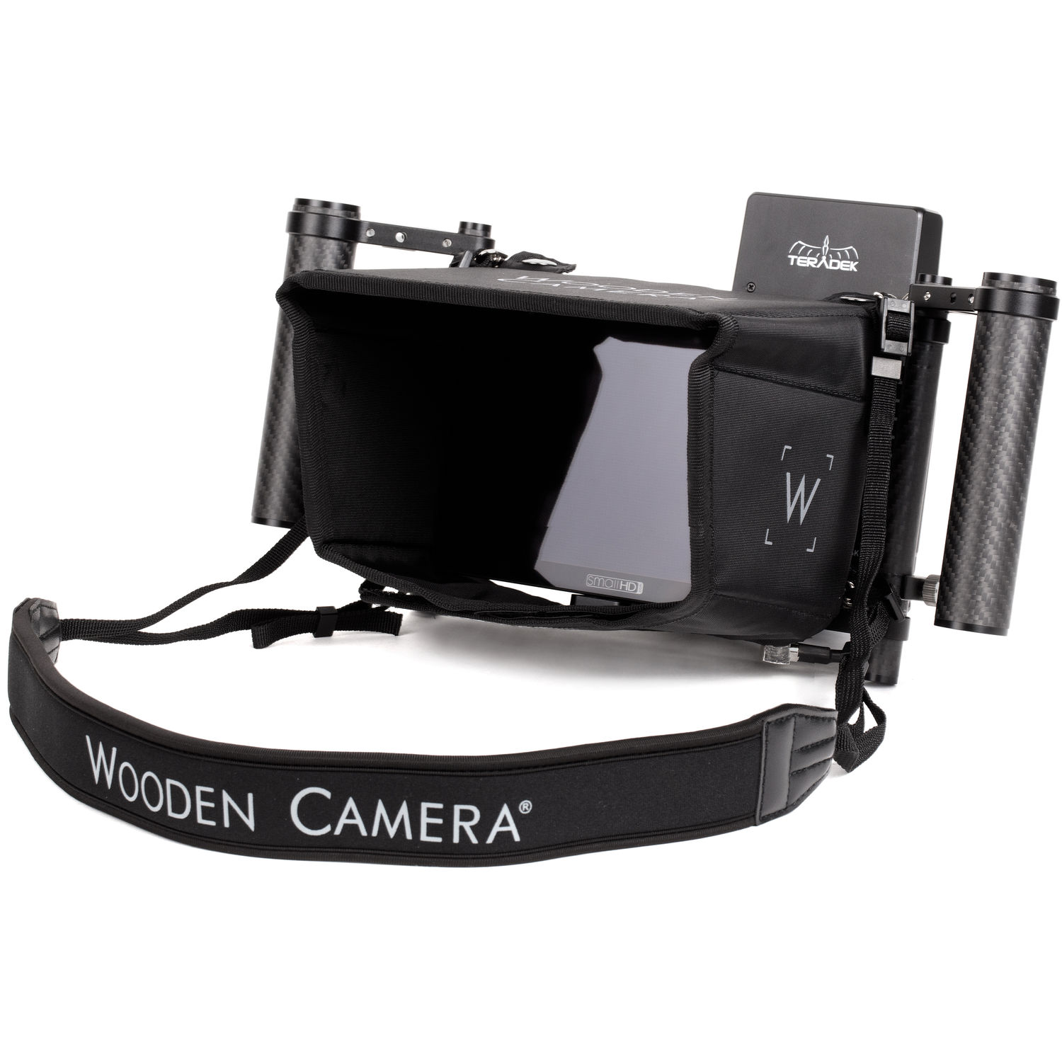 Wooden Camera Director's Monitor Cage V3 with the collapsible sun hood attached over a SmallHD monitor