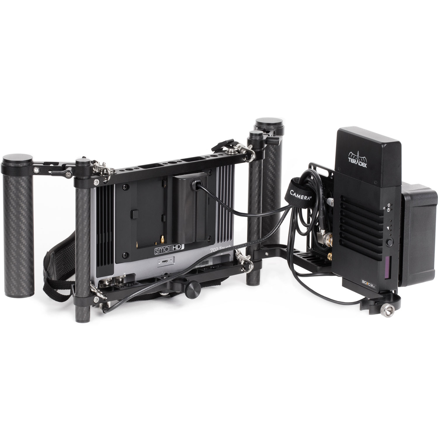 Rear view of the Wooden Camera Director's Monitor Cage V3 showing the swing-away back plate, 15mm rods, and mounted wireless receiver