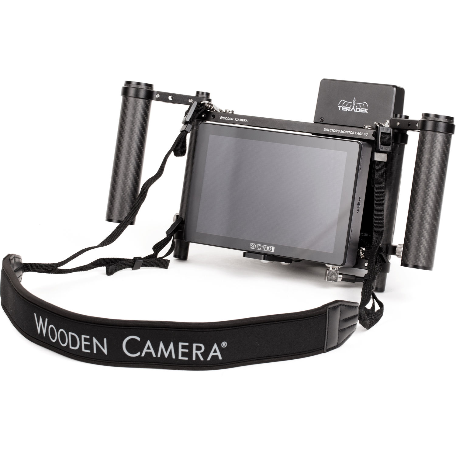 Wooden Camera Director's Monitor Cage V3 holding a SmallHD monitor with a Teradek receiver mounted on the rear