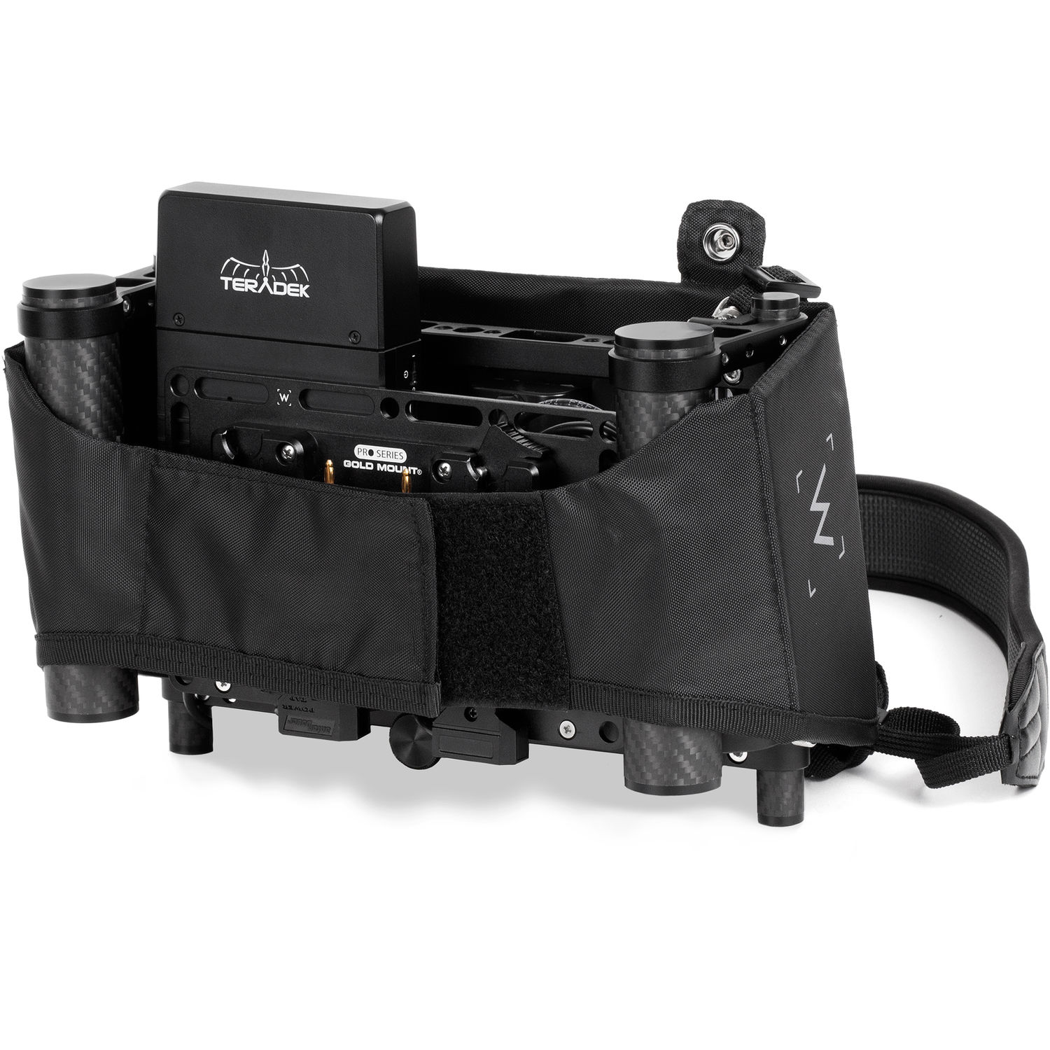 Wooden Camera Director's Monitor Cage V3 viewed from above with a Gold Mount battery plate and wireless receiver installed