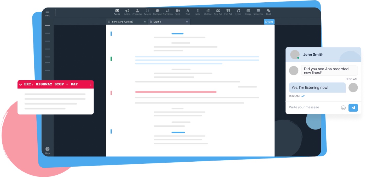 WriterDuet screenwriting software interface showing the script editor toolbar and real-time collaboration chat