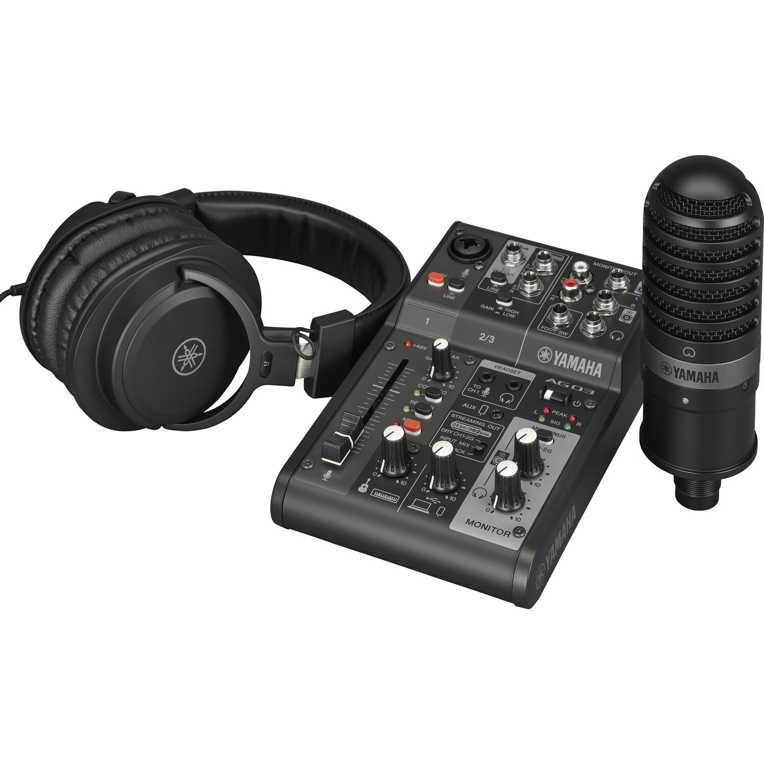 Yamaha AG03MK2 streaming mixer pack with condenser microphone and headphones