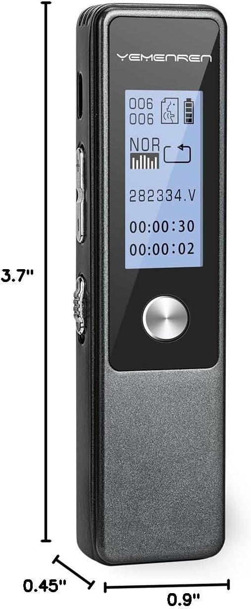 Yemenren 8GB recorder with dimensions marked at 3.7 inches tall and 0.9 inches wide
