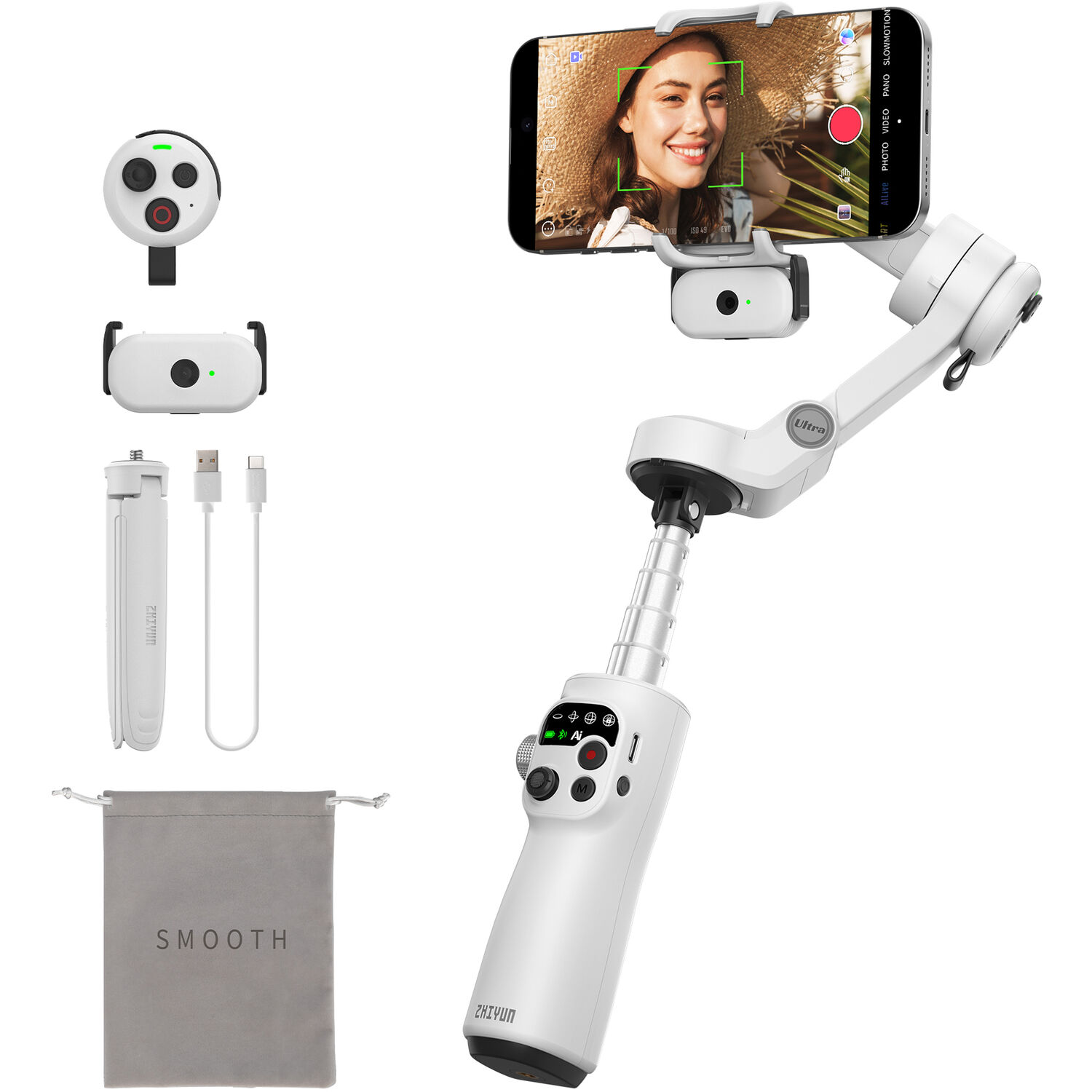 Zhiyun Smooth-Q5 Ultra white folding gimbal with AI tracking module, remote, and tripod