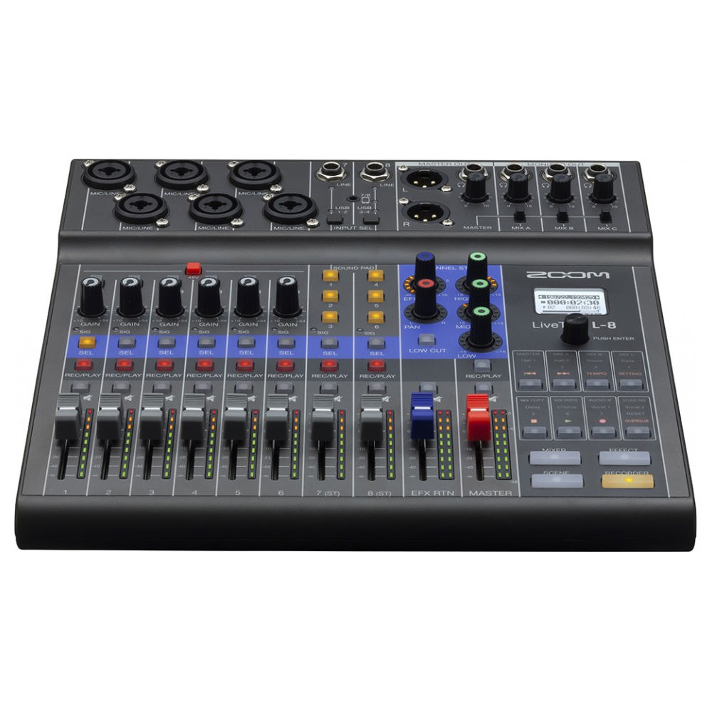 Zoom LiveTrak L-8 portable digital mixer with eight faders and built-in SD recording for podcasters and streamers